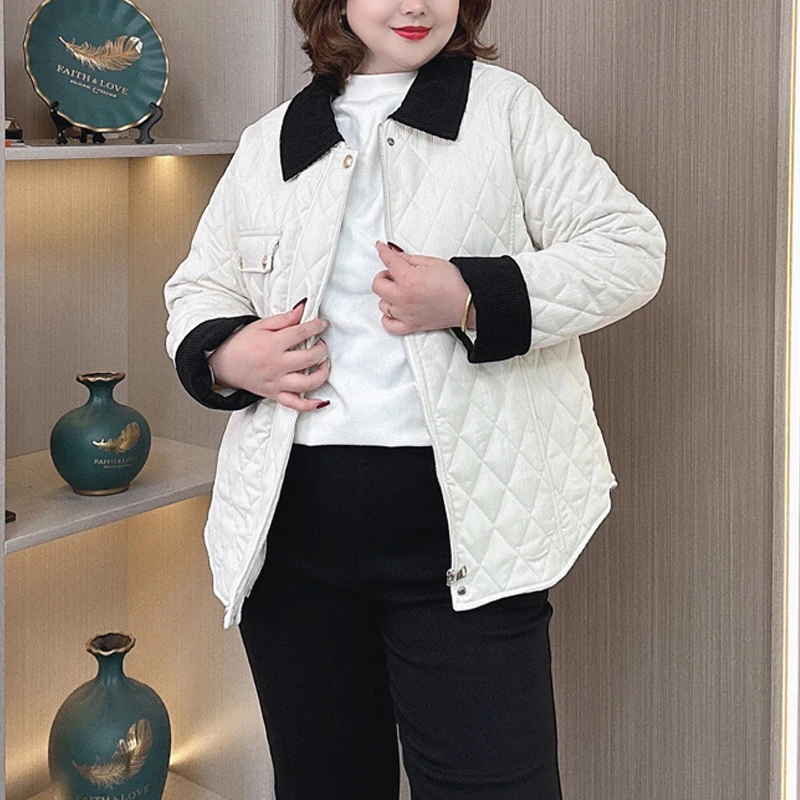 Plus Size Women Parka Autumn Winter Loose Lapel Block Color Corduroy Quilted Jacket Warm Coat 2460