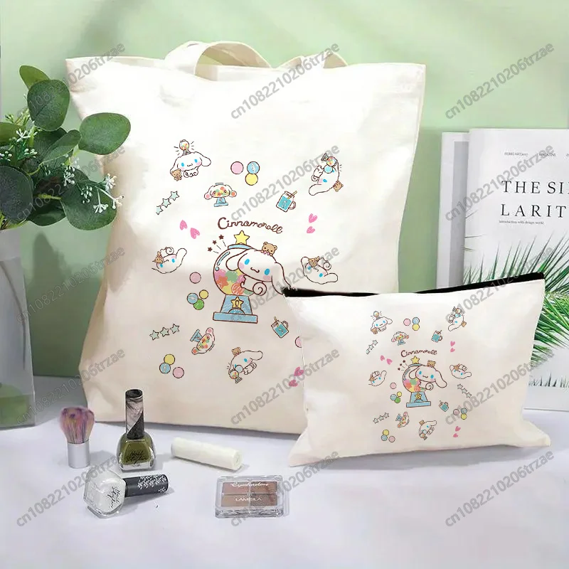 

Cinnamoroll Print Reusable Shopping Bag Set Makeup Bag Women Canvas Tote Bags Printing Eco Bag Cartoon Shopper Shoulder Bags