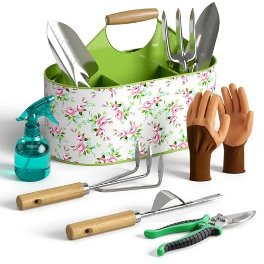 

9-Piece Garden Tool Set Heavy Duty Durable Metal Storage Basket with 4 Compartments Premium Stainless Steel Rust-Proof Gardenin
