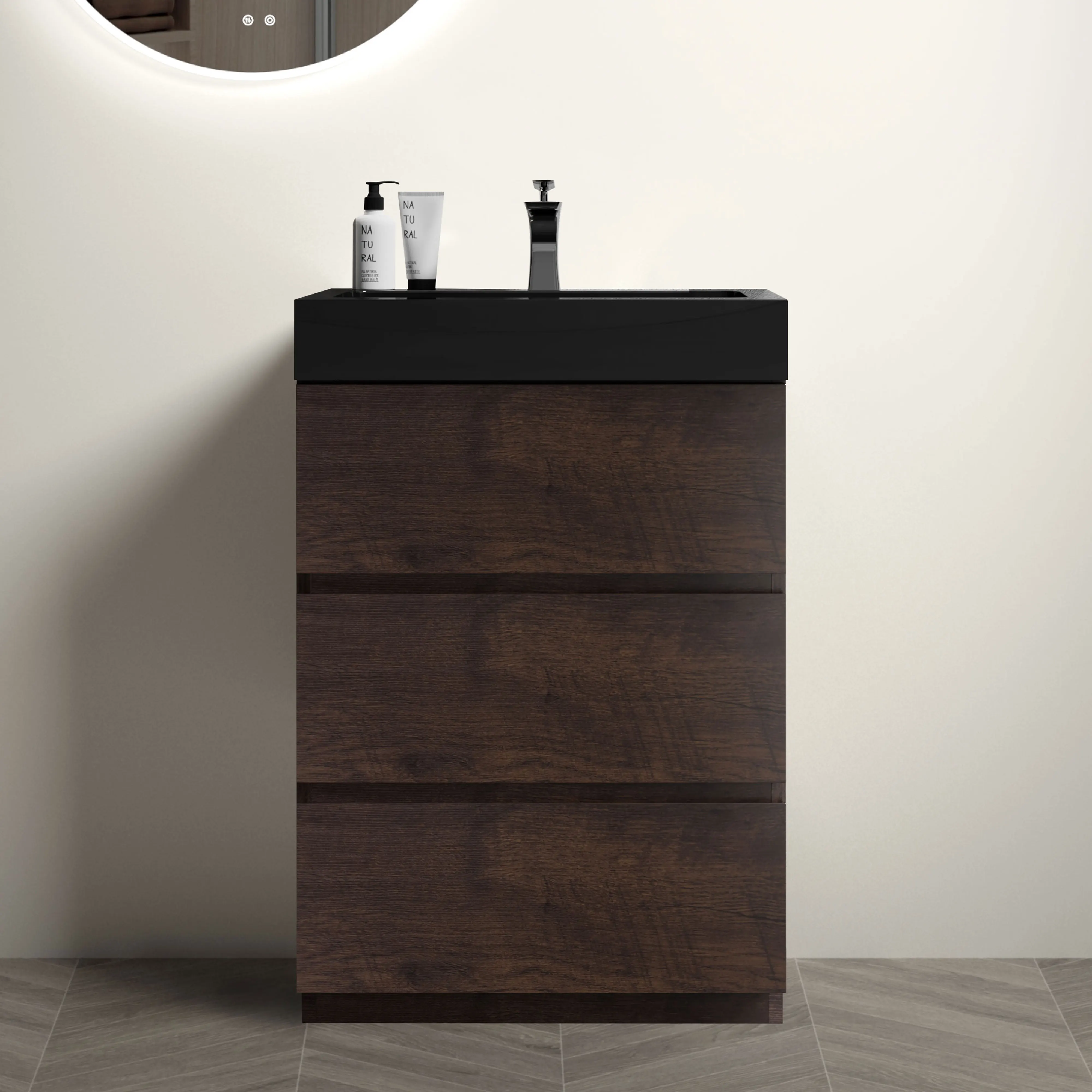 

24" Walnut Bathroom Vanity with Sink, Large Storage Freestanding Bathroom Vanity for Modern Bathroom, One-Piece Black Sink Basin