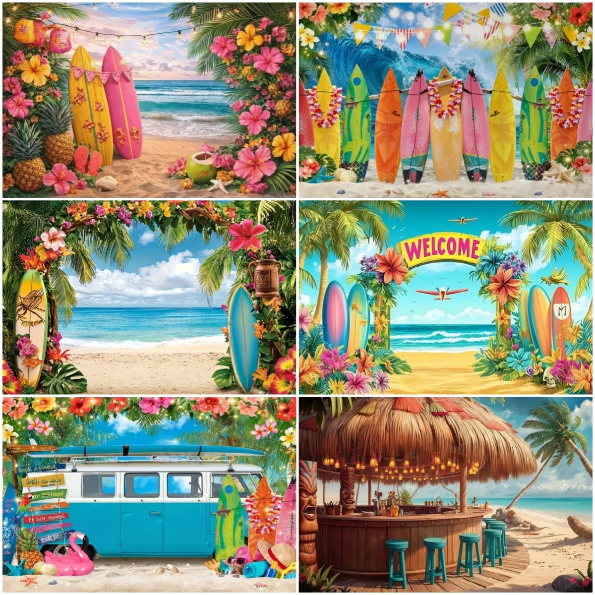 

Summer Beach Holiday Party Decoration Backdrop Sunshine Flamingo Ocean Surfboard Portrait Photography Background Props Banner