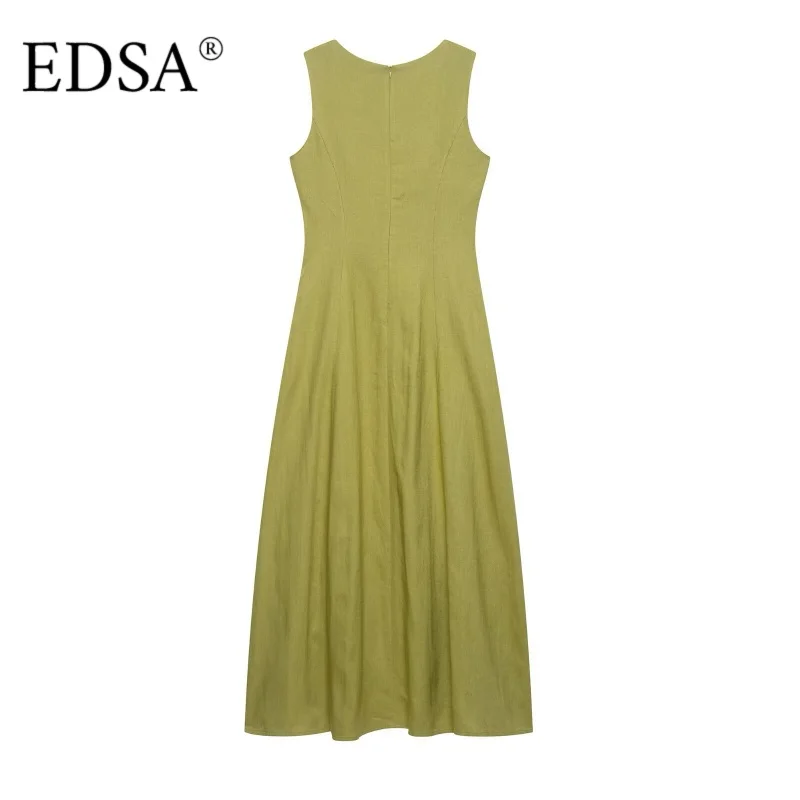 EDSA Damen Vintage-Midikleid aus Leinen, quadratischer Ausschnitt, ärmellos, geteilter Saum, Reißverschluss hinten, langes Kleid für Party