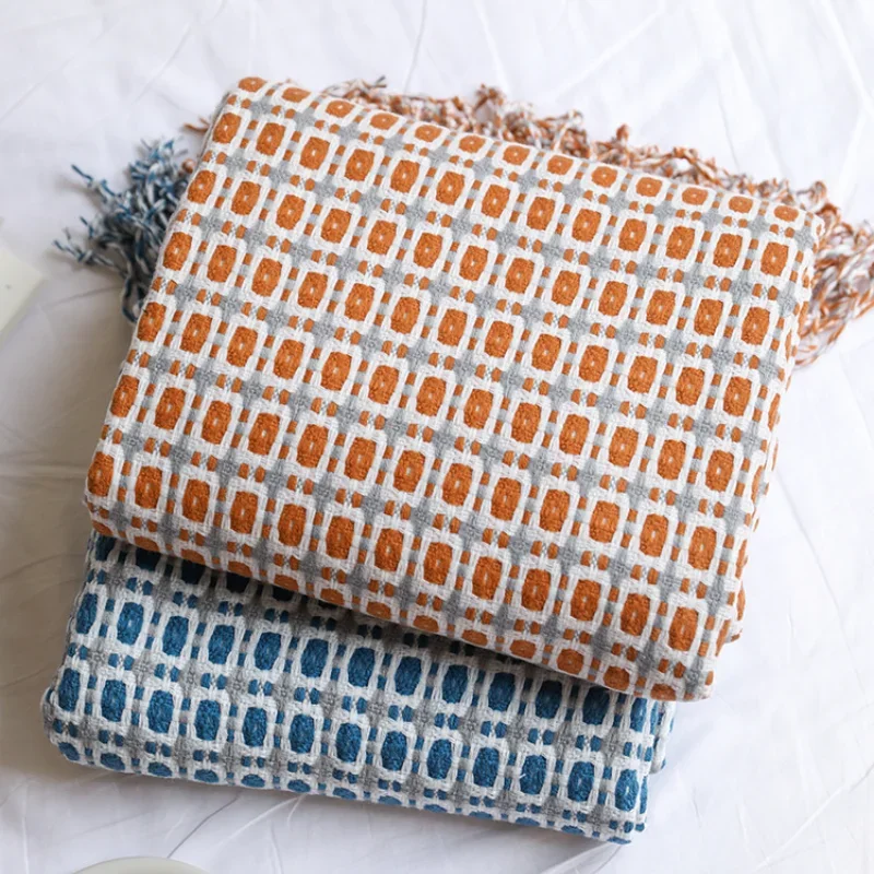 Geometric Grid Jacquard Woven Throw Blanket Boho Checkered Tassel Blanket Modern Retro Woven Sofa Throw with Fringe for Home
