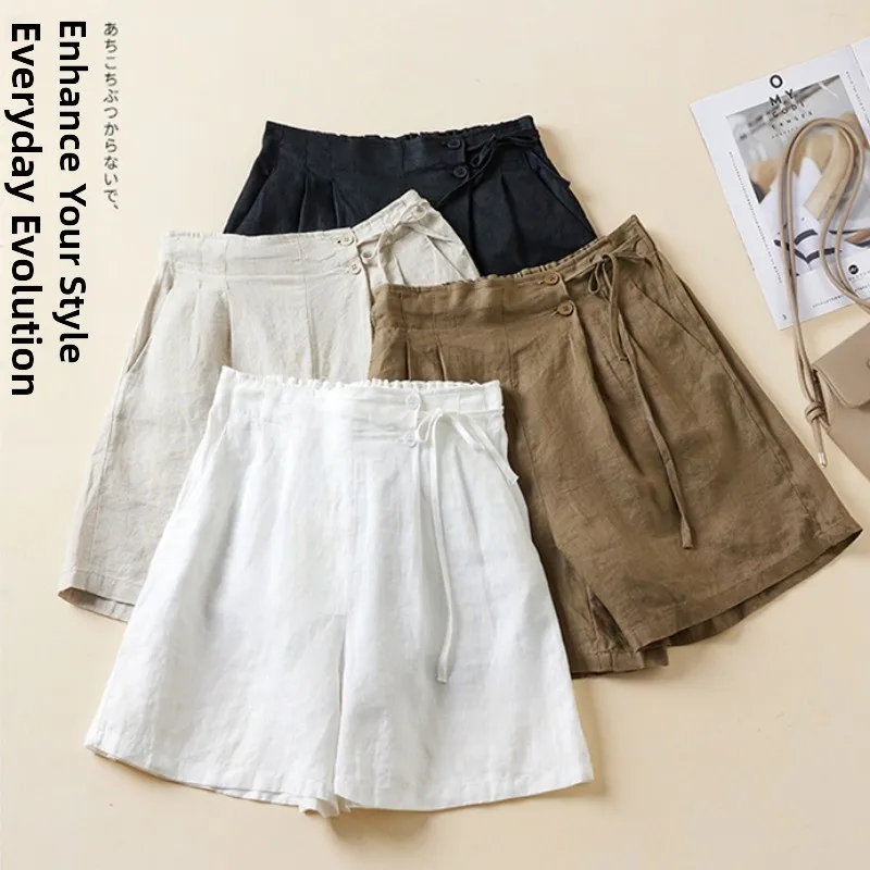 

Женские летние шорты-юбка с широкими штанинами, на резинке, с поясом, утягивающие, из хлопка и льна, А-силуэт, для офиса, тонкая модель