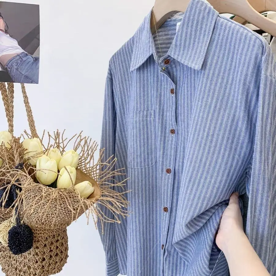 Classic Blue Stripe Women Shirts Harajuku Streetwear Spring Summer Long Sleeve Vintage Blouse Sunscreen Retro Oversize Shirts