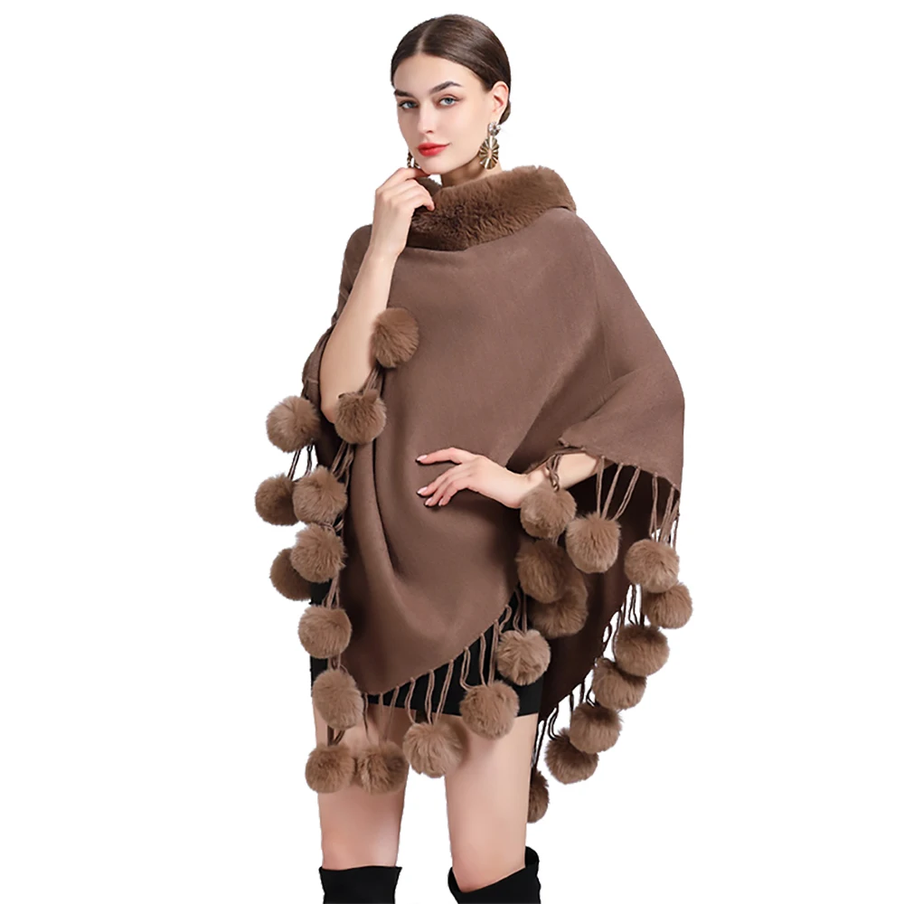 Women Cashmere Feel Poncho Lady Rex Rabbit Faux Fur Collar Pullover Coat Autumn Warm Cloak with Rabbit Hair Ball Knitted Shawl