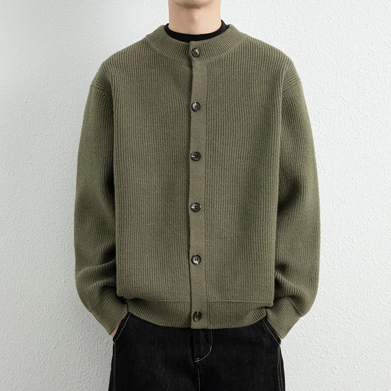 Casual Button Knitted Cardigan Men's Autumn New Versatile Simple Sweater Coats Straight Loose Round Neck Jumpers Gentle Cleanfit