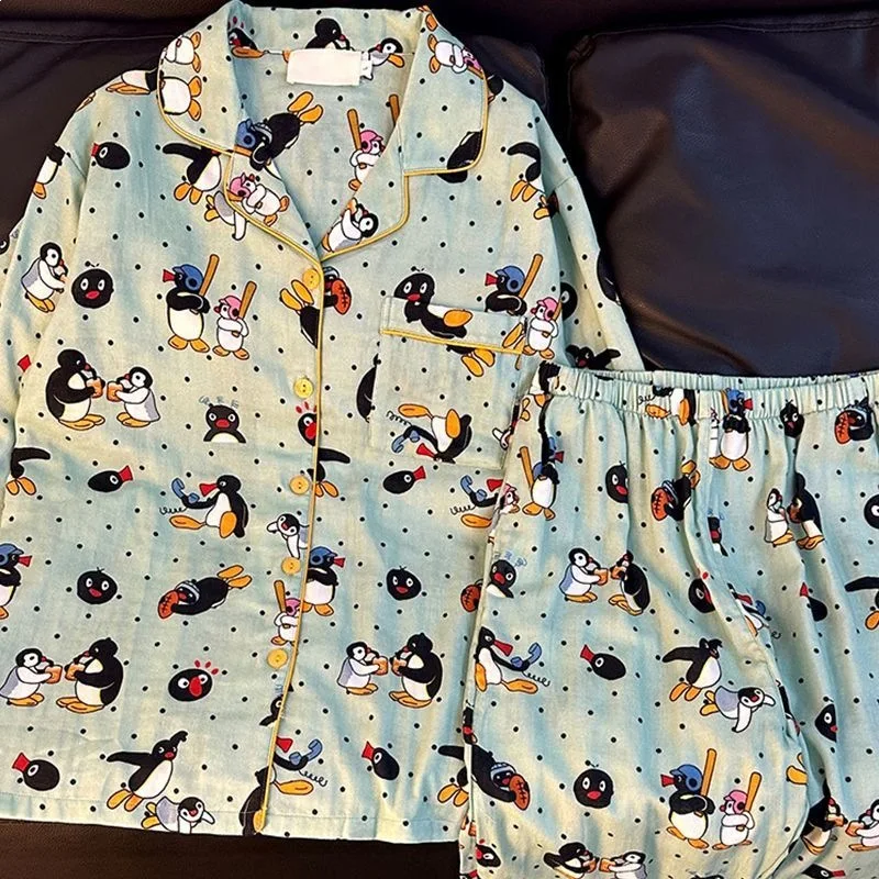

Kawaii Cute Cartoon Little Penguin Print Women's 2pcs Pajamas Korean Y2k Milk Silk Homewear 2024 New Fall/winter Lady Sleepwear