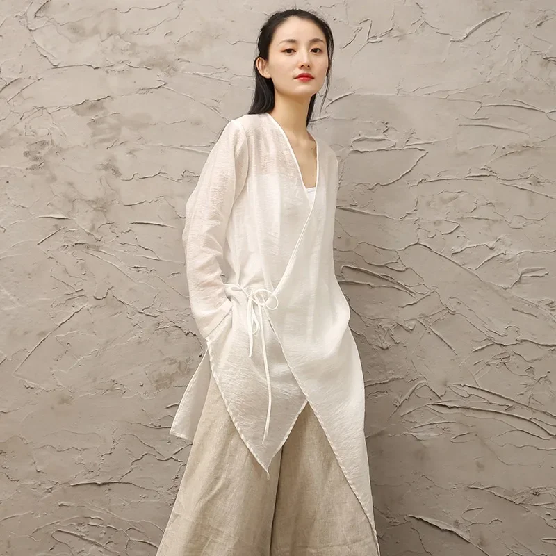 Chinese Style Clothing Women Summer Blouses 2024 Lace Up Chinese Traditional Shirt Thin Linen Hanfu Ladies Chinese Tops 12352