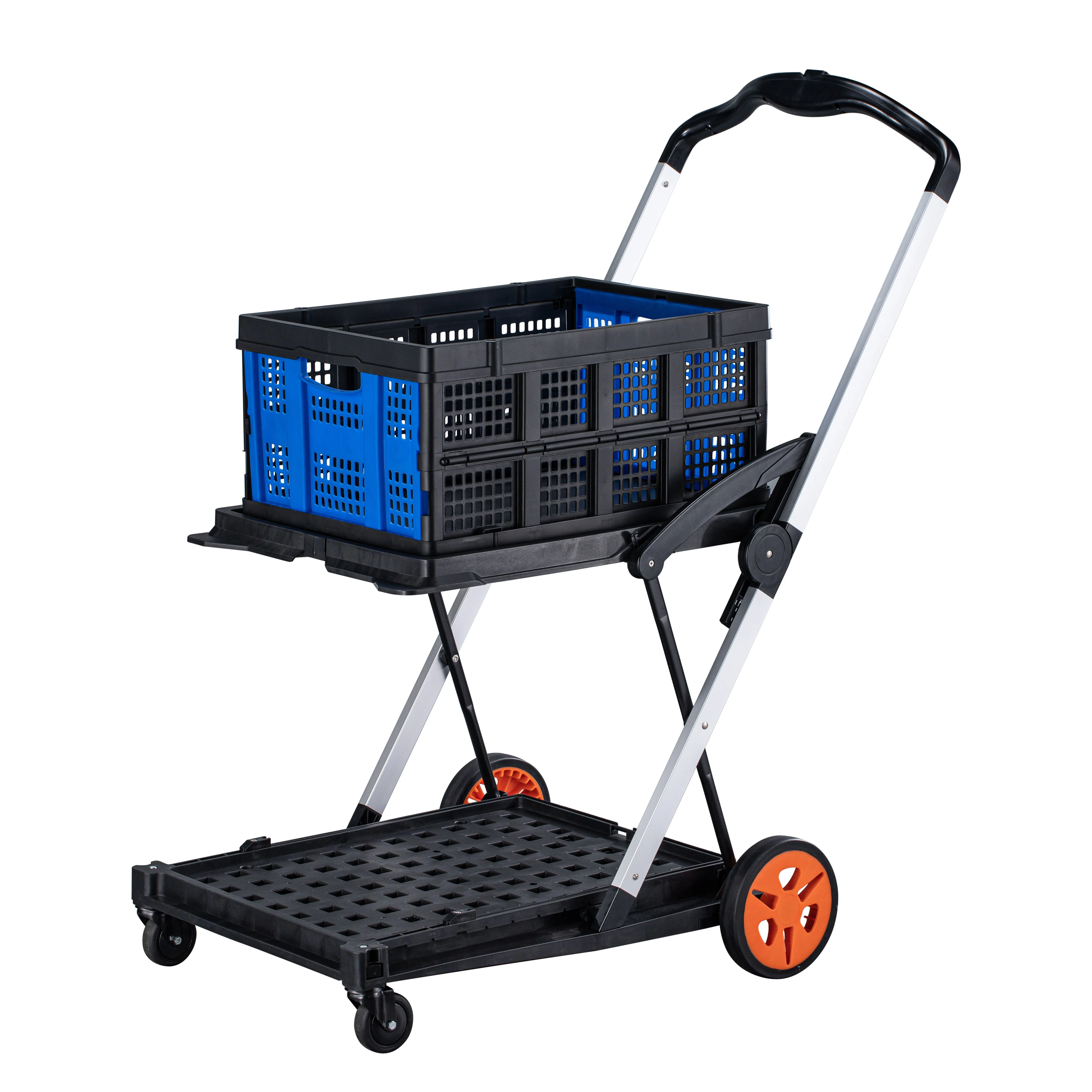Double Decker Design Mobile Folding Cart Foldable Cart Grocery Trolley Shopping Cart Two Tier Collapsible with One Crate