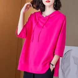 Women Summer Simplicity Loose Elegant Solid Color Hooded T-Shirt Women Clothes Casual All-match Appear Thin 3/4 Sleeve Top Tee