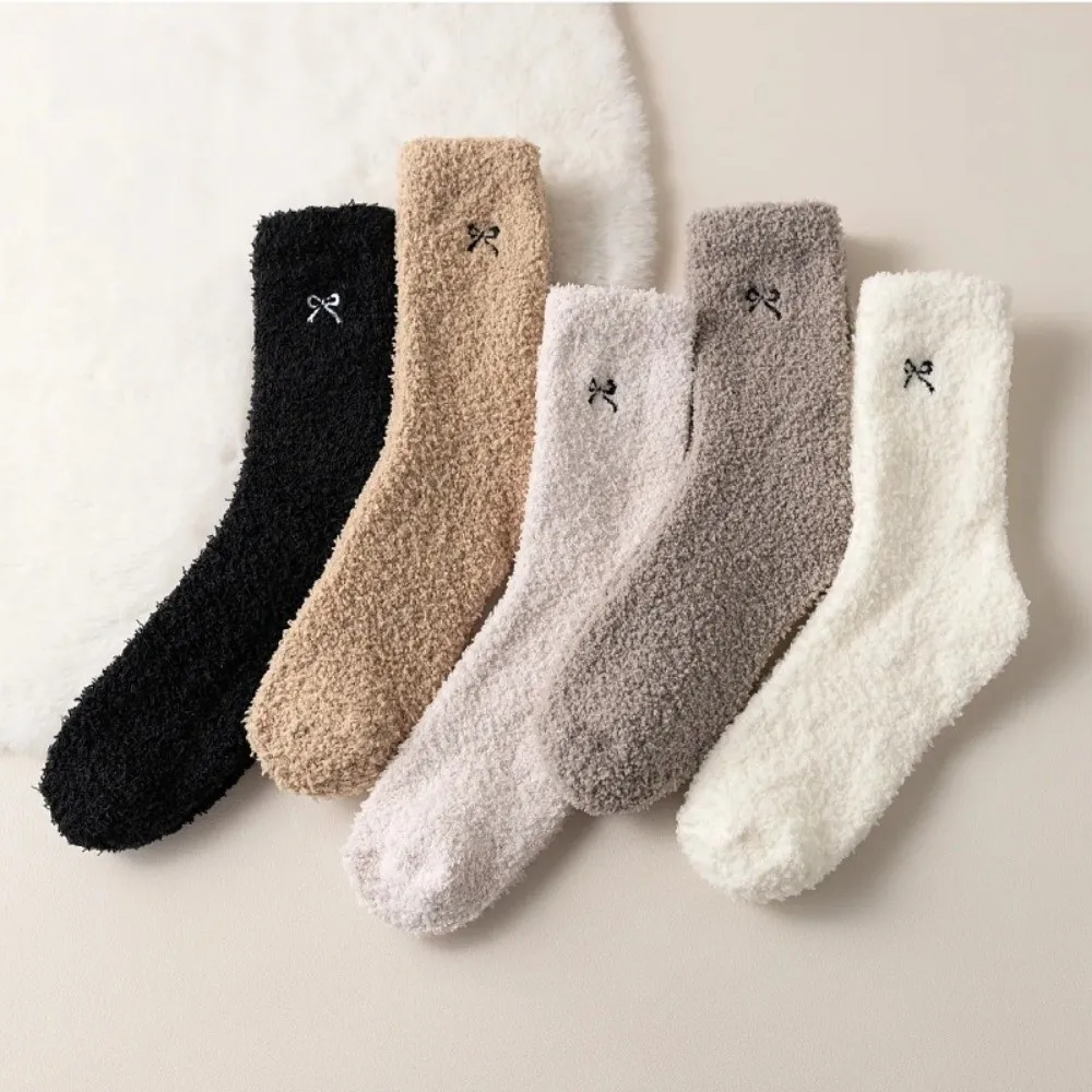 

Autumn Winter Warm Floor Socks Bowknot Embroidered Furry Socks Cartoon Soft Sleep Socks Women