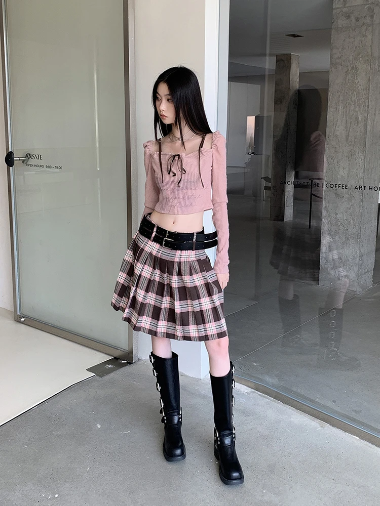 RORORIRI Double-belt Plaid Tweed Skirt Women Tartan Retro Low Waist A-line Casual Knee Long Pleated Skirt Autumn Winter Clothes