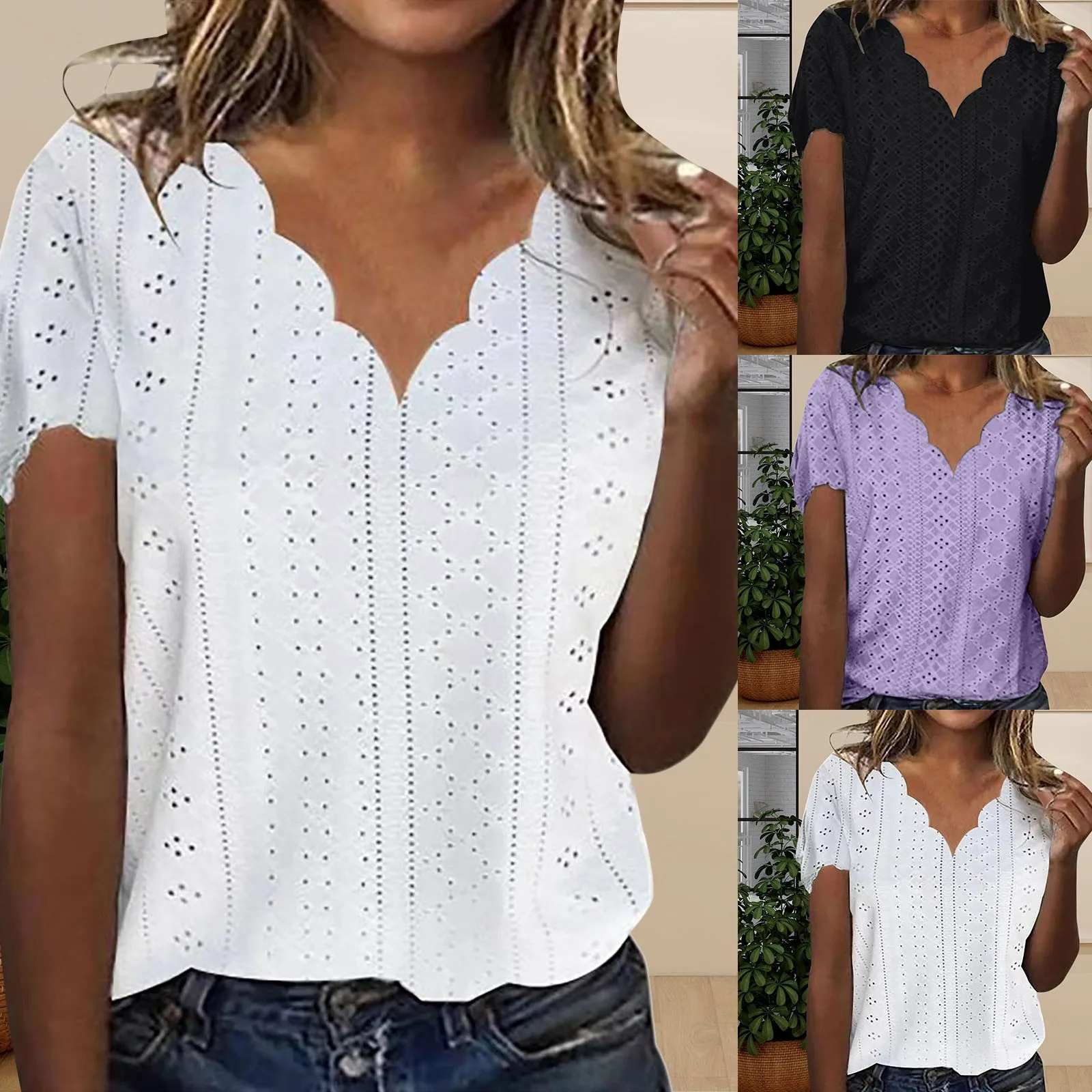 Fashion Woman Blouse 2023 Women'S Comfortable Breathable Jacquard Short Sleeve Knitted V Neck Lace Tshirt Camisas Y Blusas