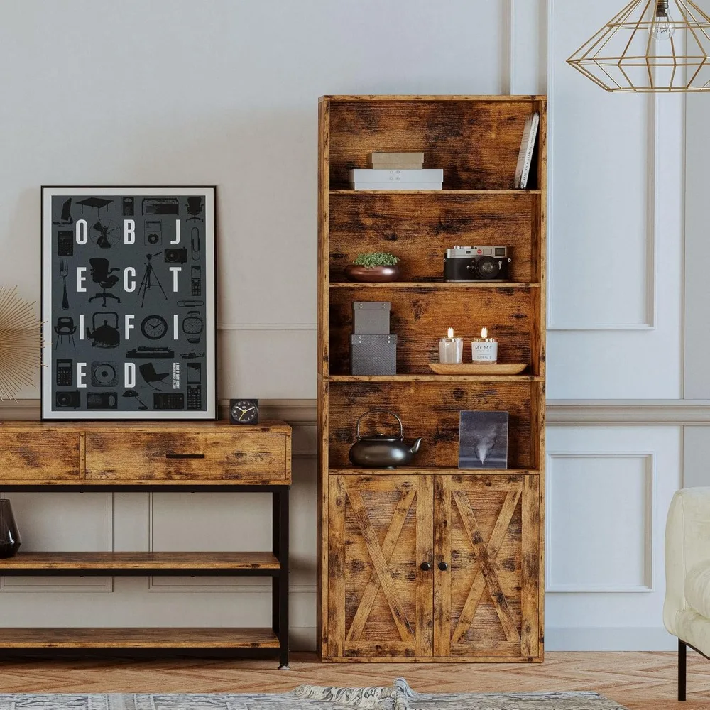 خزانة كتب مثبتة على الأرض مكونة من 6 طبقات مع أبواب للمنزل، وأرفف تخزين بطول 70 بوصة