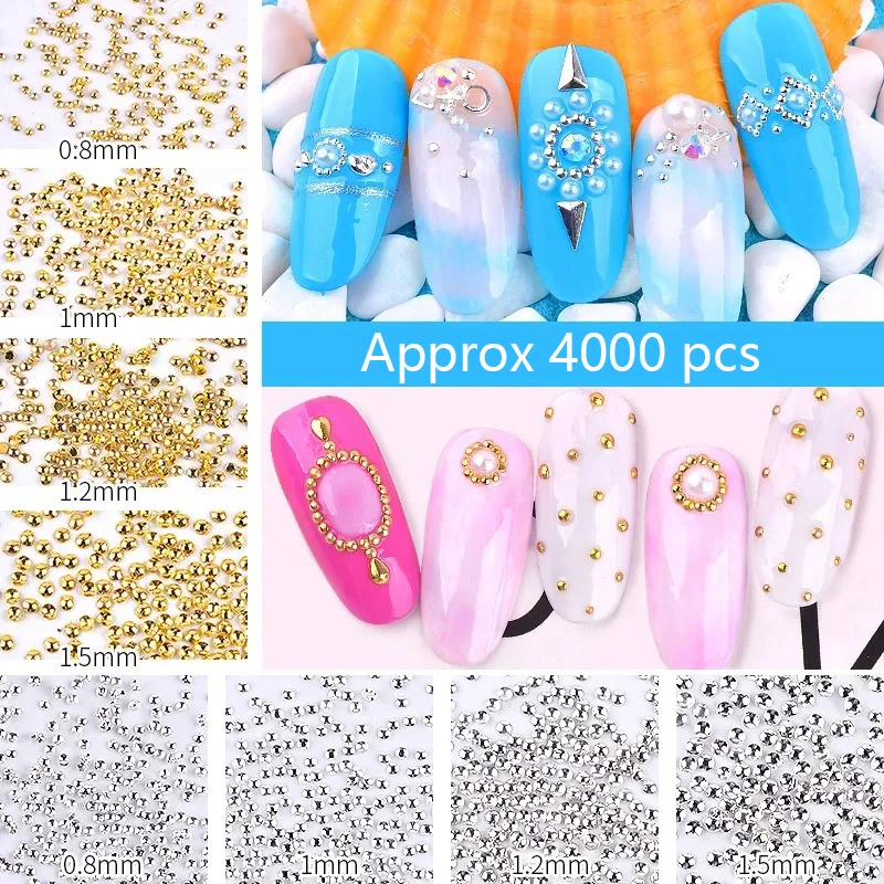 

4 Pack Approx 4000pcs Gold Silver Mini Caviar Beads 0.8mm/1mm/1.2mm/1.5mm Mixed Half Round Metal Nail Studs Nail Art Decorations