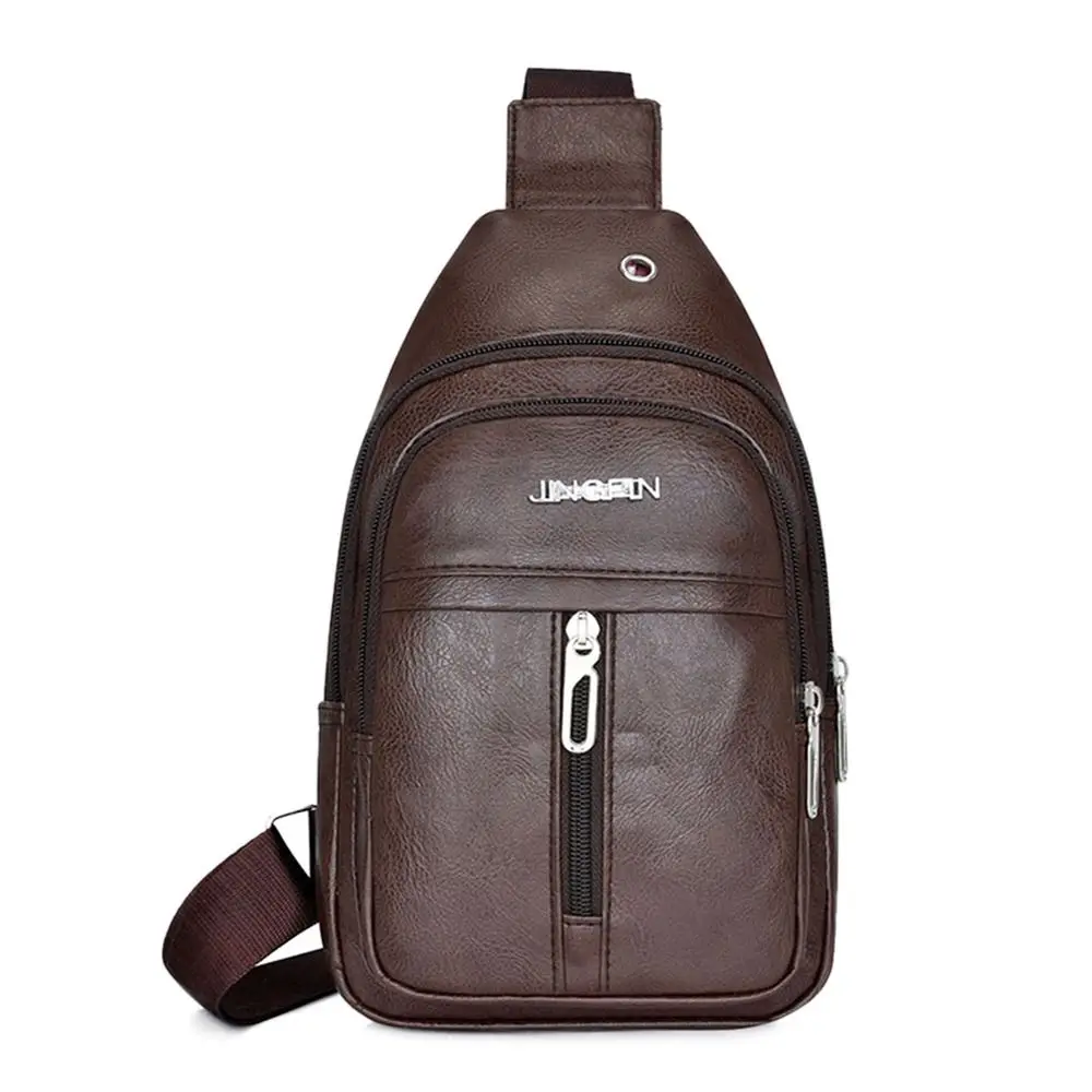 

Casual PU Leather Men's Sling Bag Anti-theft Solid Color Chest Bag Large Capacity with Earphones Hole Crossbody Bag