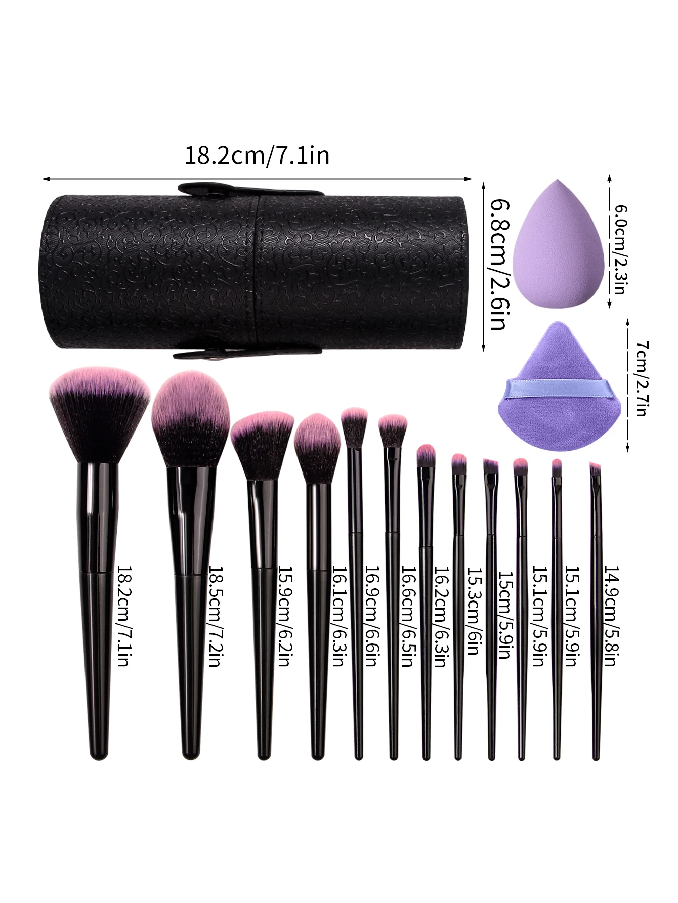 17-delige make-upborstelset: 12 multifunctionele make-upborstelsets + 4 poederdons schoonheidseieren + opbergemmer voor make-upborstels