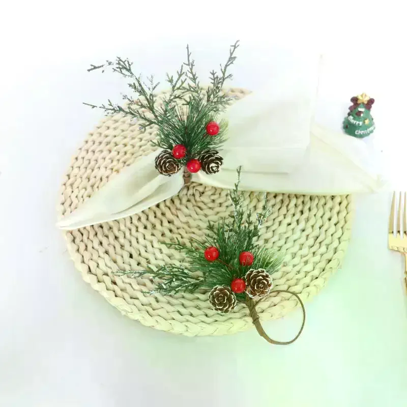 Christmas Cedar Jute Lace Napkin Rings Set Handmade Craft Tableware For Holiday Party Dinner New Year Decorations