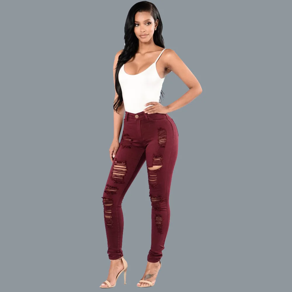 Women's Slim Jeans with Holes in the Knee, Black, Girls Fashion, Denim Pants, Red, Green