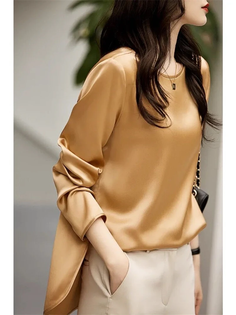 Simple O-Neck Long Sleeves Satin Shirt Casual Loose Fashion Woman Clothing 2024 New Design Side Split Female Shirt Work Wear Top