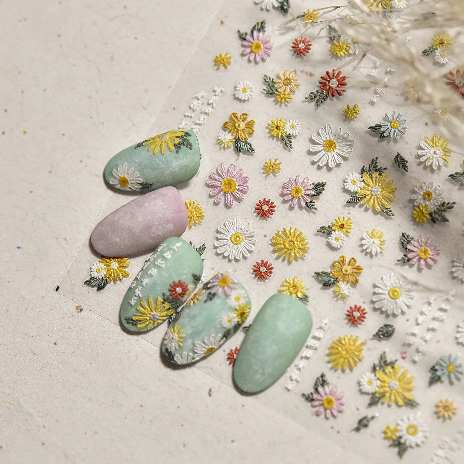 5D Spring White/Pink Embossed Daisy Nail Art Stickers White Daisy Flowers Nail Decals Self-Adhesive Elegant Daisy Floret Sliders