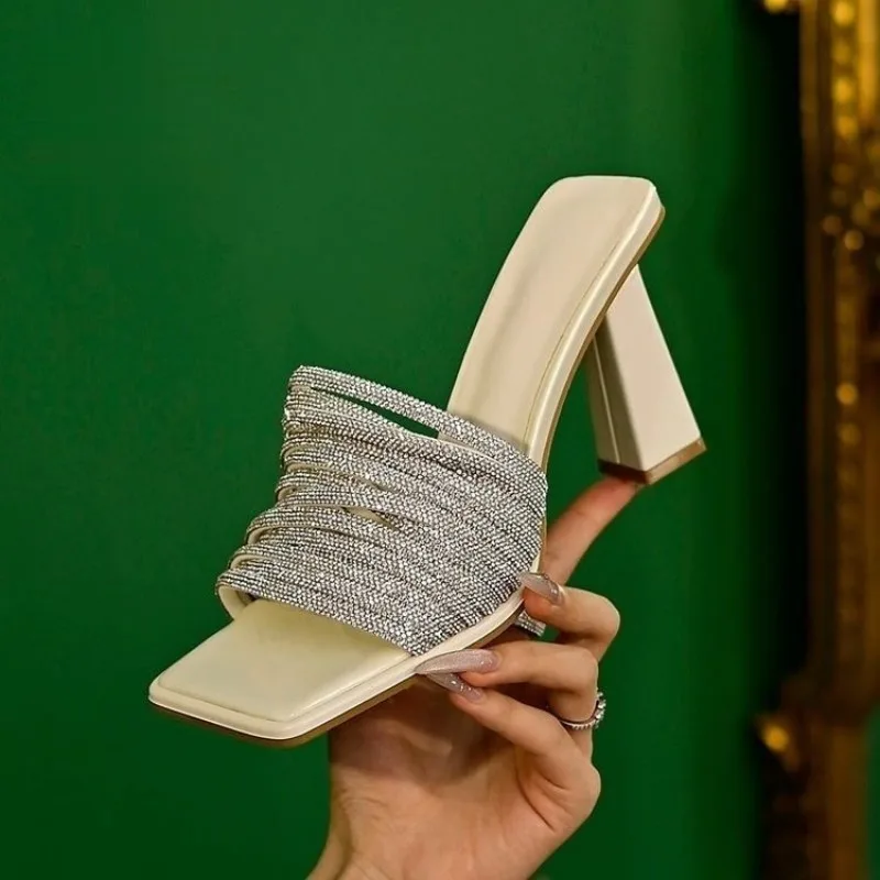 

A Pair of Flip-top High Heels for The Summer of2025,Featuring A Light Luxury Style and Rhinestone Fashionable Slippers for Women