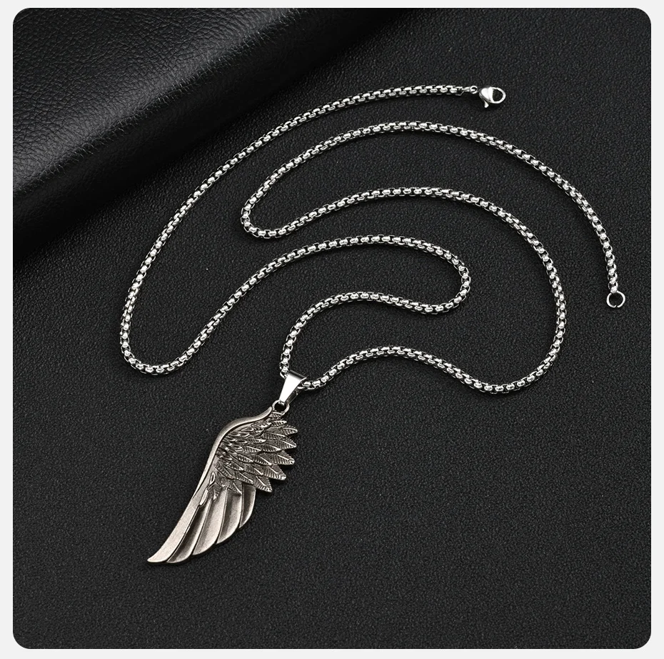 Vnox Vintage-Halskette mit Engelsflügel-Anhänger für Herren, Legierungs-Federflügel-Charm, Edelstahl-Boxkette, Punk-Hip-Hop-Schmuck, Geschenk – Detail 6