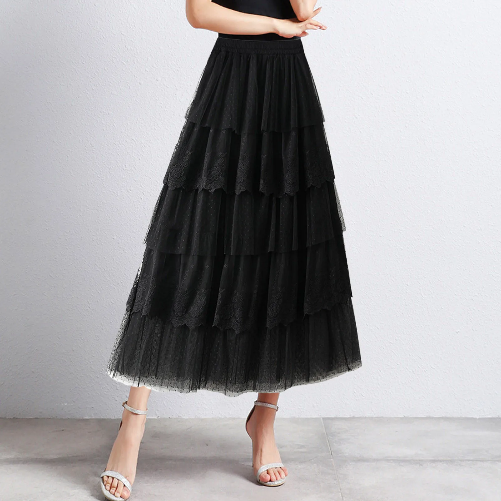 New Summer Korean Mesh Midi Skirt Women 2025 Autumn Super Fairy Layer-by-Layer Cake Skirt Female Long Over-the-Knee Beach Skirts