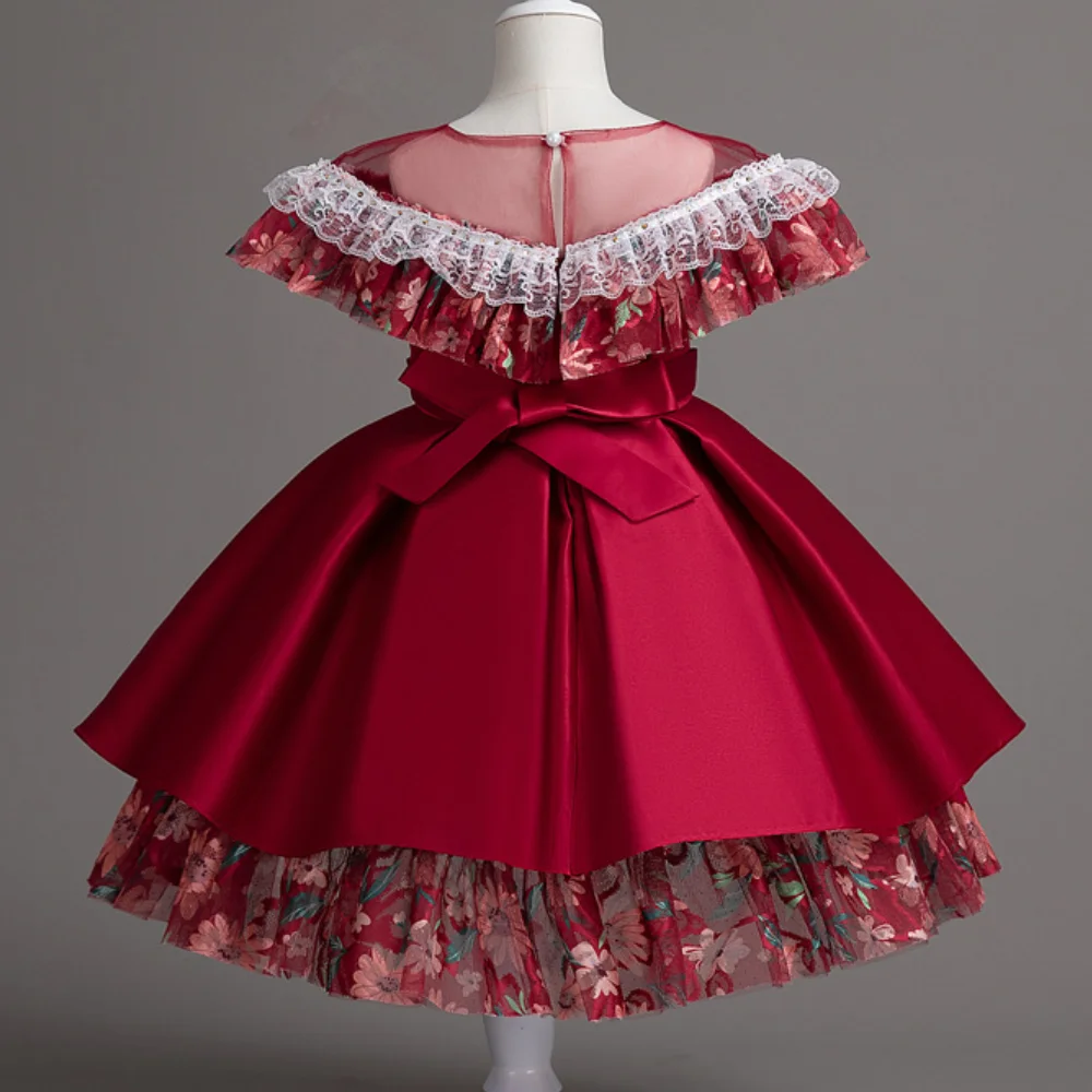 Girl\'s New Lace Flower Patchwork Bow Princess Dress Christmas Thanksgiving Family Gathering Sweet and Lovely Dress