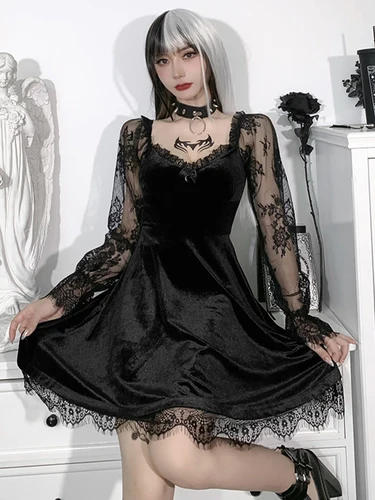 Vestido de estilo Lolita gótico negro para mujer, cintura alta, ceñido al cuerpo, Vintage, Punk, Harajuku, Grunge, años 90