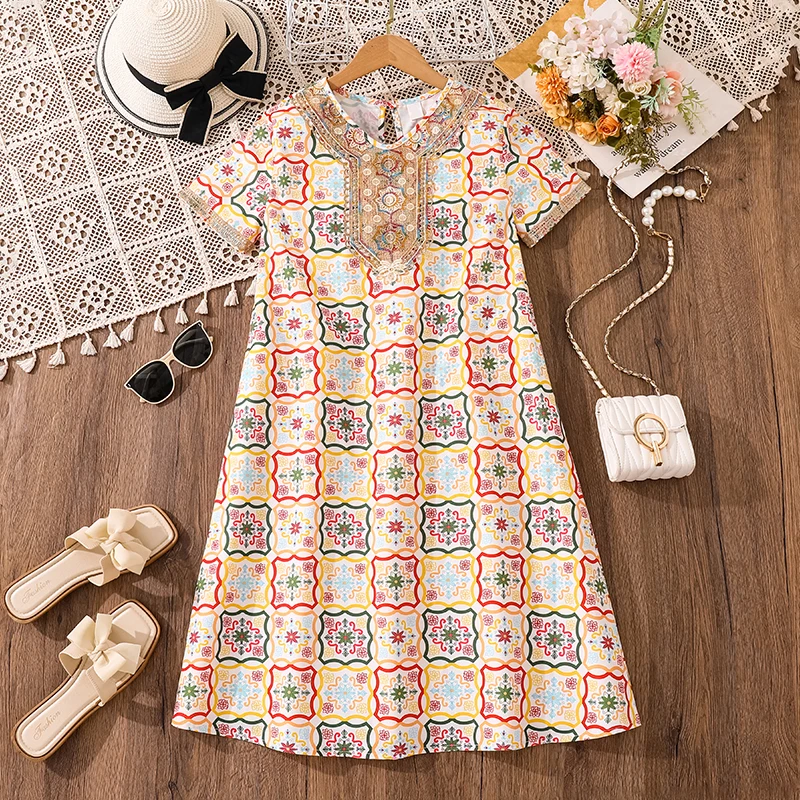 

Elegant Summer Dresses for Girls Aged 8-12 with round Neck Short Sleeves Colored Bow Ties Geometric Prints Girls' Parti Dress