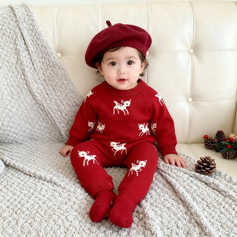 

Christmas Baby Oneness Garment Autumn Infant Kniting Crew Neck Long Sleeves Jumpsuit Newborn Sika Deer Jumpsuit Autumn Sweater