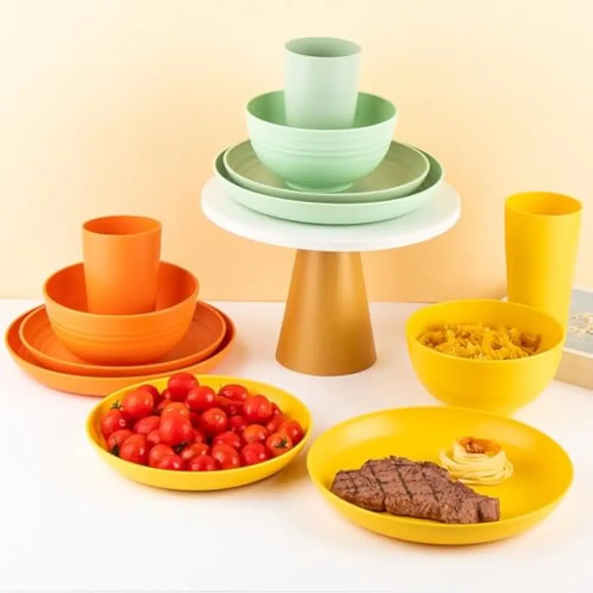 24 Pcs Wheat Straw Plates Bowls Cups Set for 6 People, Dishwasher Safe Unbreakable Reusable Dinnerware for Home Camping Picnic