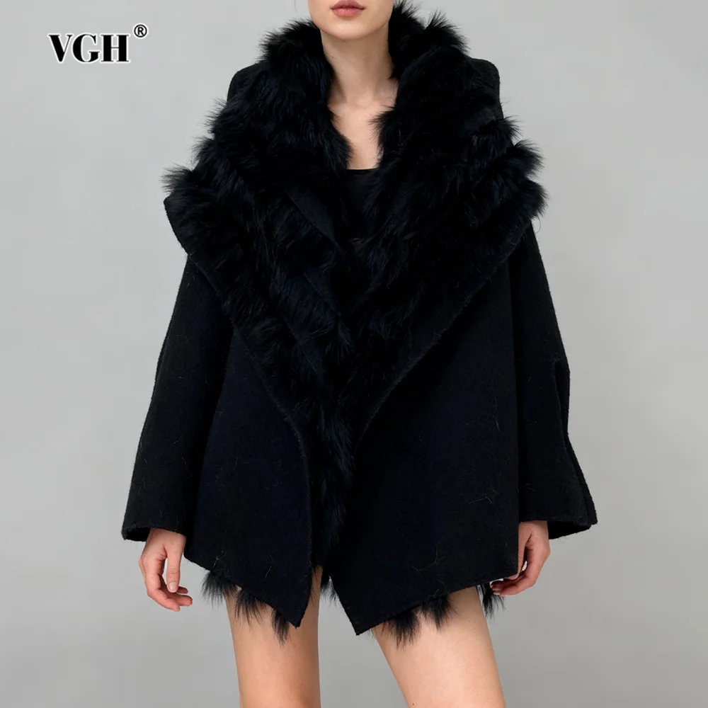 

VGH Solid Design Sense Slimming Plush Jackets For Women V Neck Long Sleeve Autumn Warm Tamperament Jacket Female Fashion Style