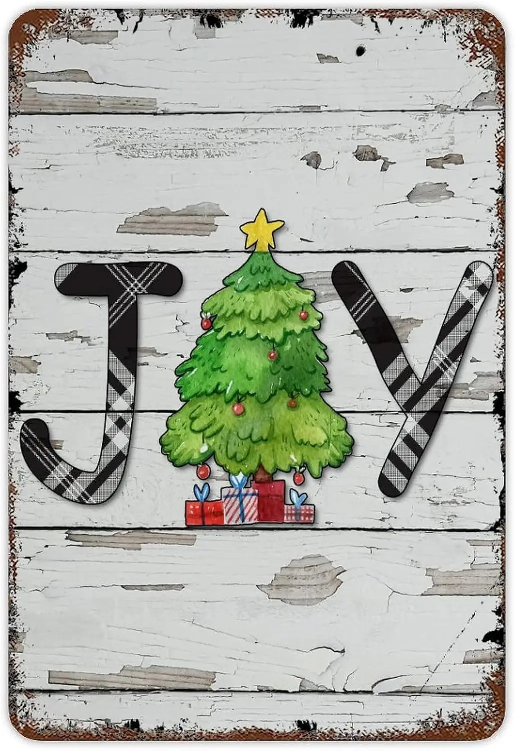 Christmas Joy Farm Pine Tree Metal Sign Vintage Holiday Decor Buffalo Plaid Wood Grain Tin Sign Xmas Winter Hanging Wall Art for