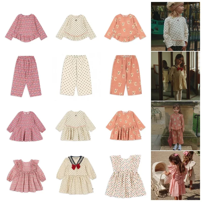 

Детский комплект из 2 предметов: летнее платье с сердечками KS, розово-фиолетовое, топ в горошек, брюки, оранжевая футболка с котенком, детская блузка