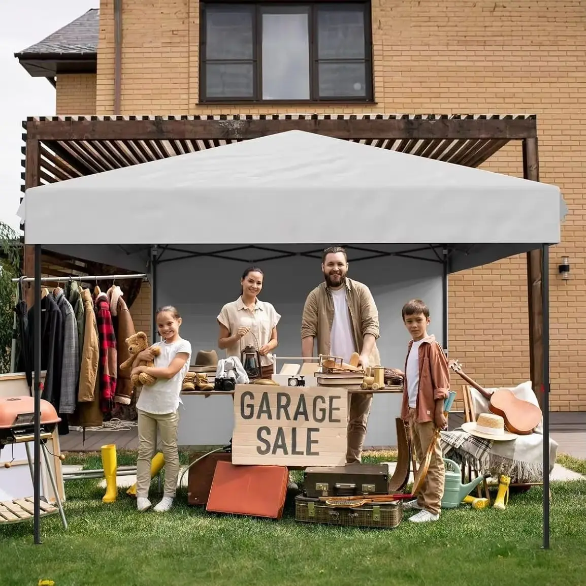 10x10 Pop Up Canopy Tent with 1 Sidewall - One-Button Instant Setup, Heavy-Duty 210D Oxford Fabric & Rust-Proof Frame - 3 Adjustable Heights, Roller Bag, 4 Sandbags - UV Protection for Beach, Party