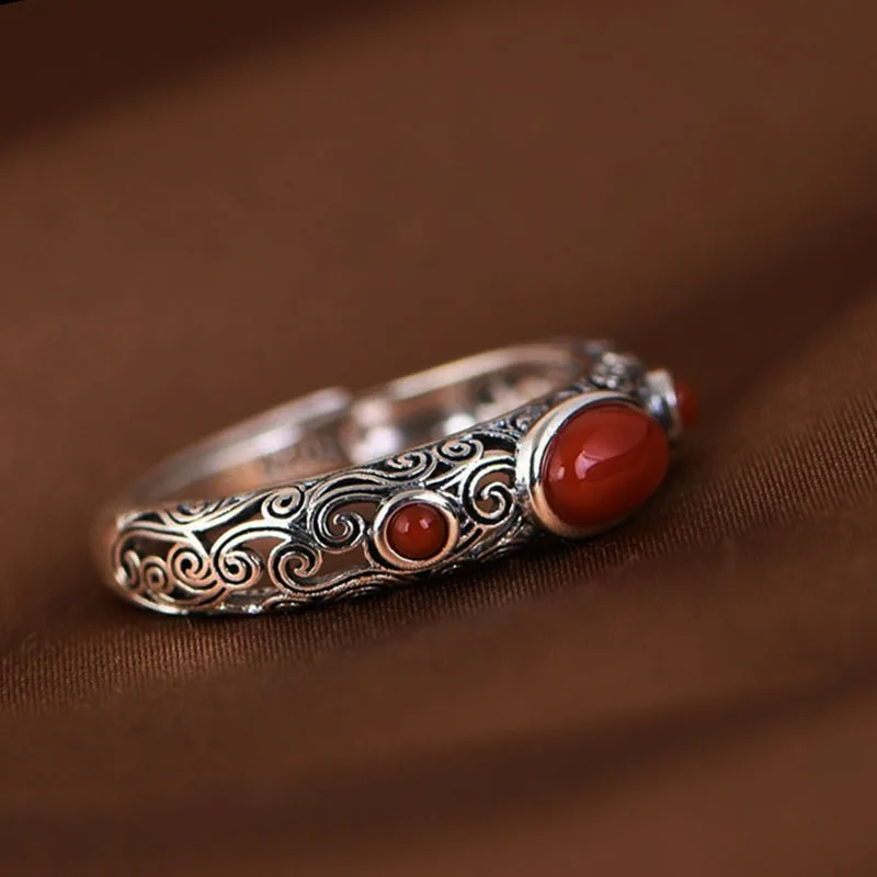 Vintage Ethnic Creative Hollow Imitation Red Agate Adjustable Ring for Women Exquisite Personalized Party Jewelry Accessories