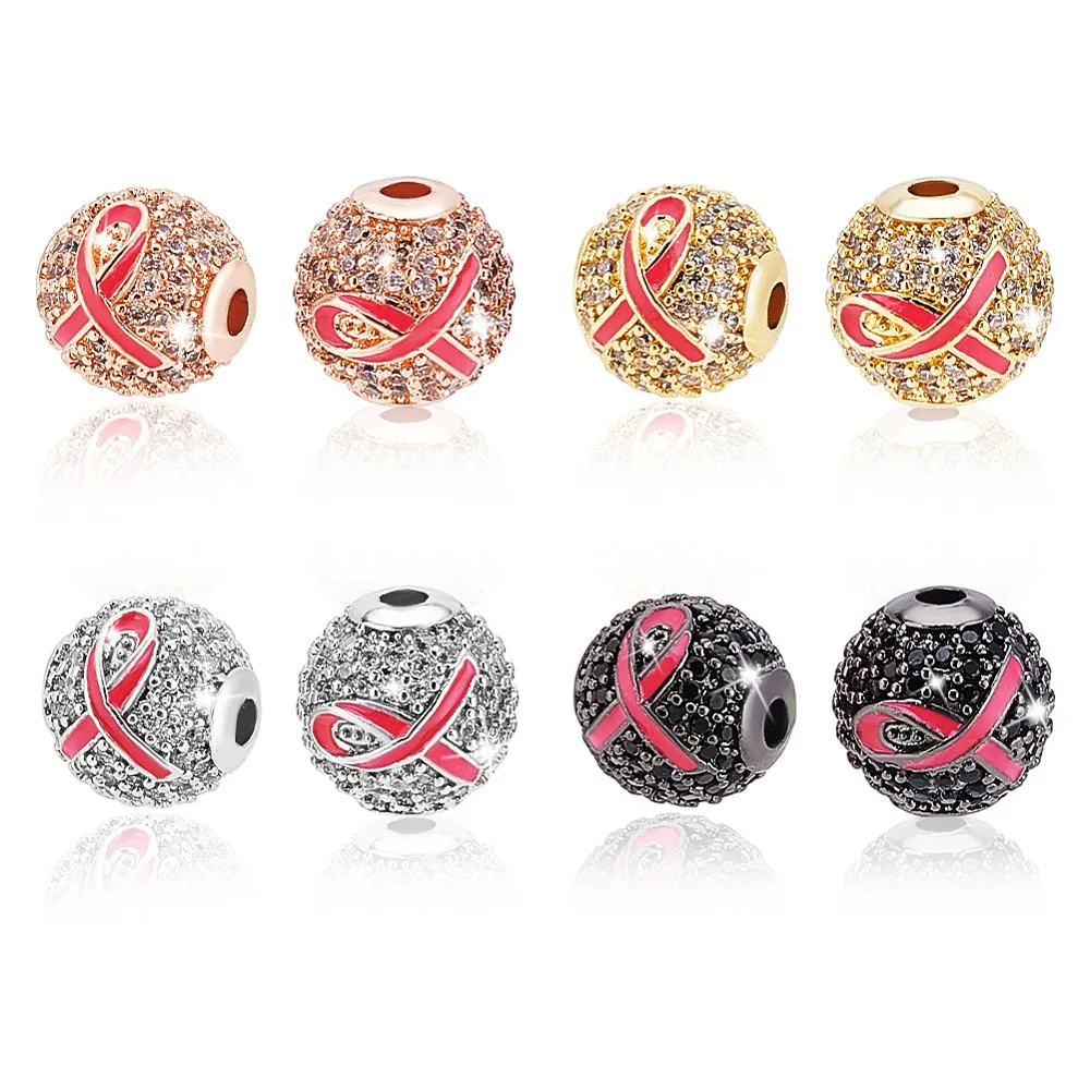 4 Colors 8pcs Rhinestone Beads 10mm Cubic Zirconia Beads Breast Cancer Awareness Charms Spacer Beads Glitter Craft Beads Pink
