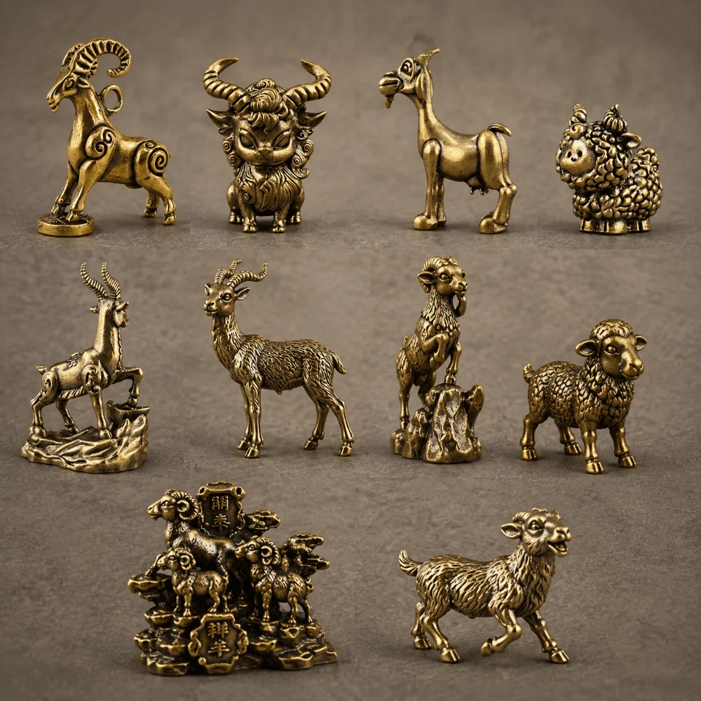 1PC Solid Brass Body Zodiac Sheep Statue Flat Base Frame Fine Carve Detail Tabletop Ornament Sheep Animal Theme