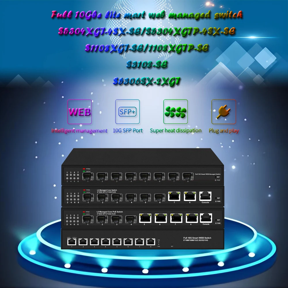 

8 ports 10Gbe switch|multi-gigabit web managed switch|POE or NON ,100/1000/10000M are adaptive