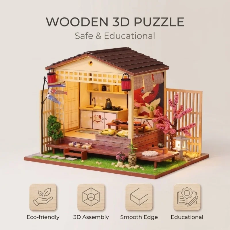 

Набор для сборки миниатюрного деревянного домика OUZEY Sakura Cabin DIY в японском стиле, ручная работа, декор для стола, креативный подарок для подростков