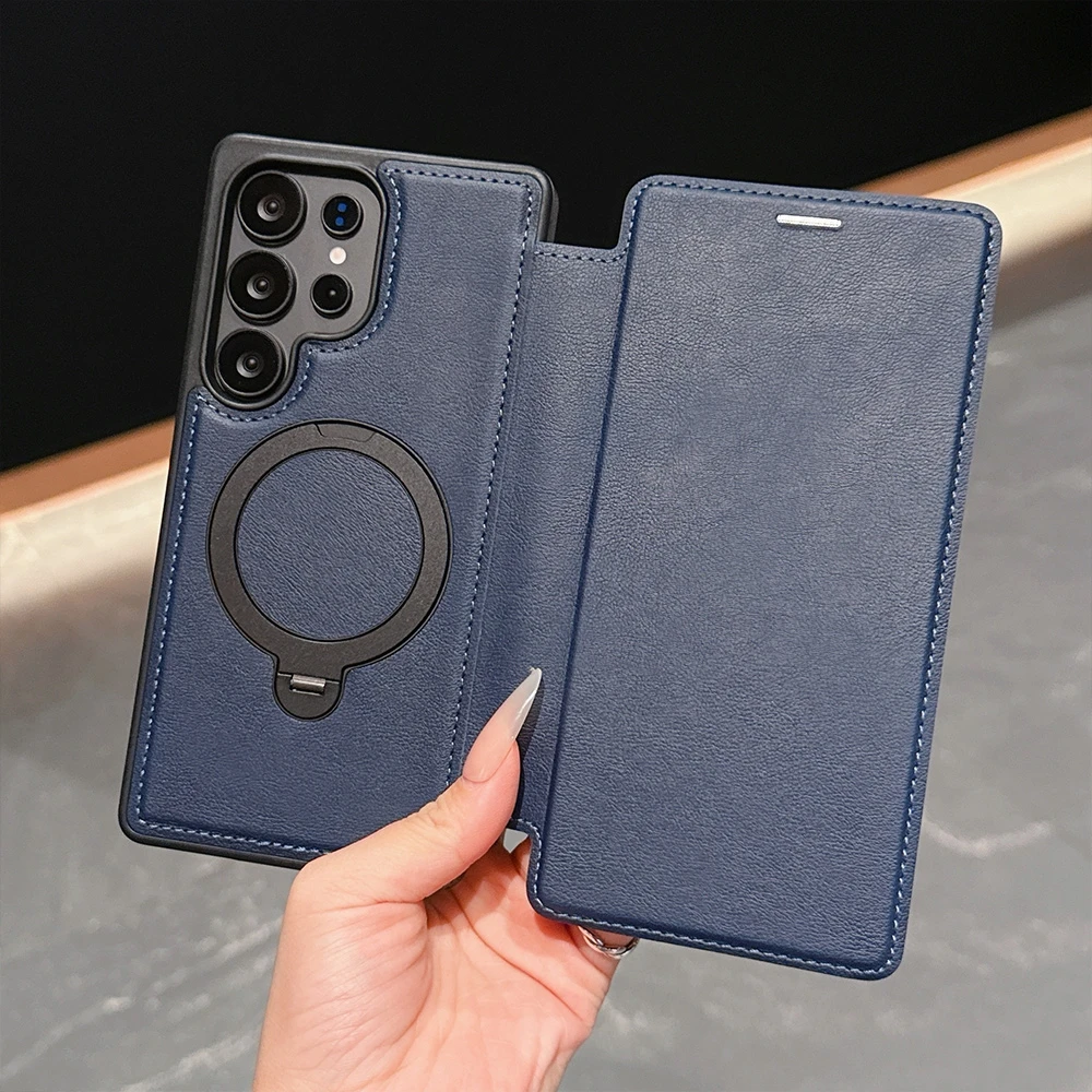 Wireless Charging Flip Case For Samsung S25 S24 S26 S23 FE S22 Ultra Plus A57 A27 A17 A56 Leather Cards Slots Kickstand Cover
