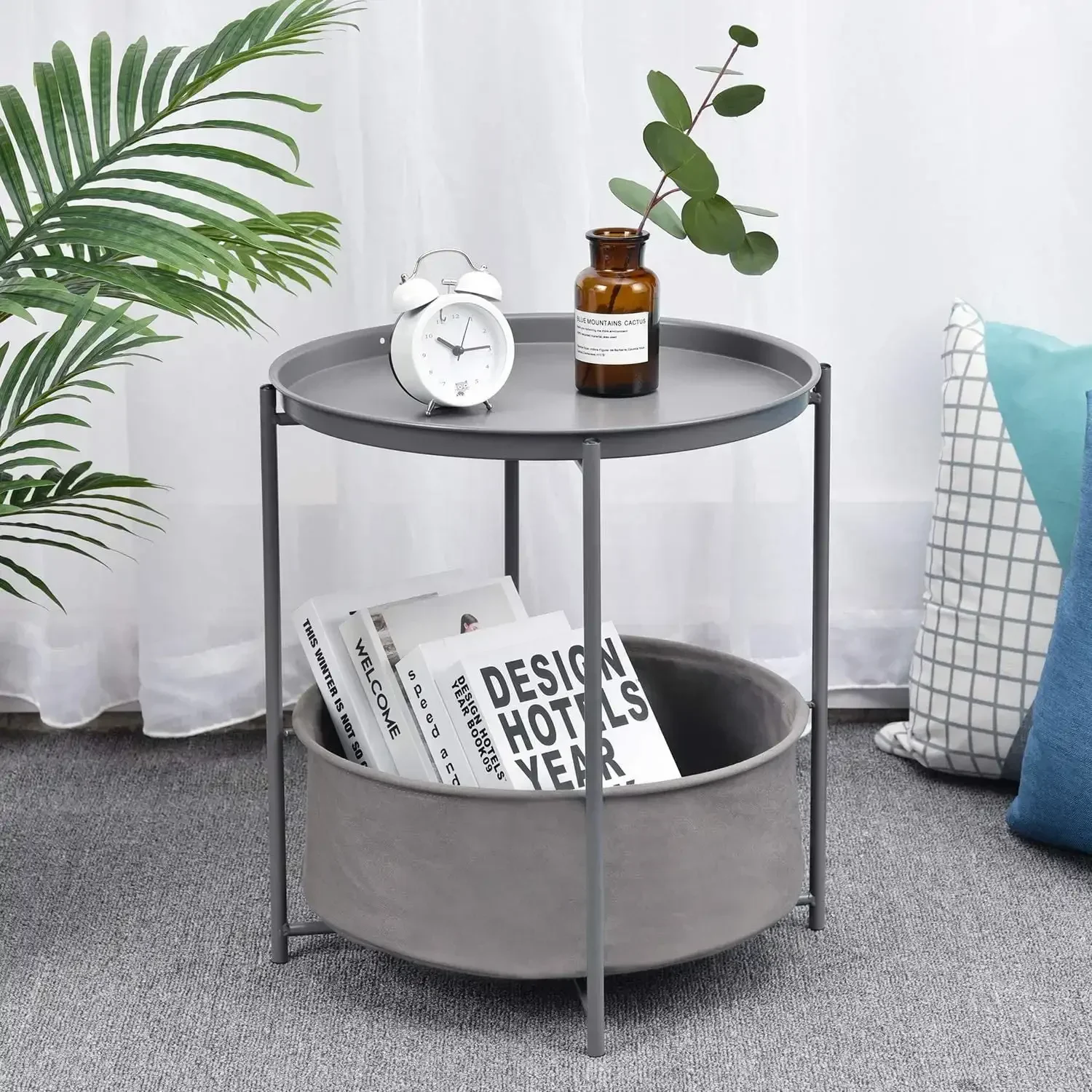 Round End Side Table, Sofa Side Snack Table with Fabric Storage Basket, Small bed Nightstand for Living Room Bedroom, Dark Gray