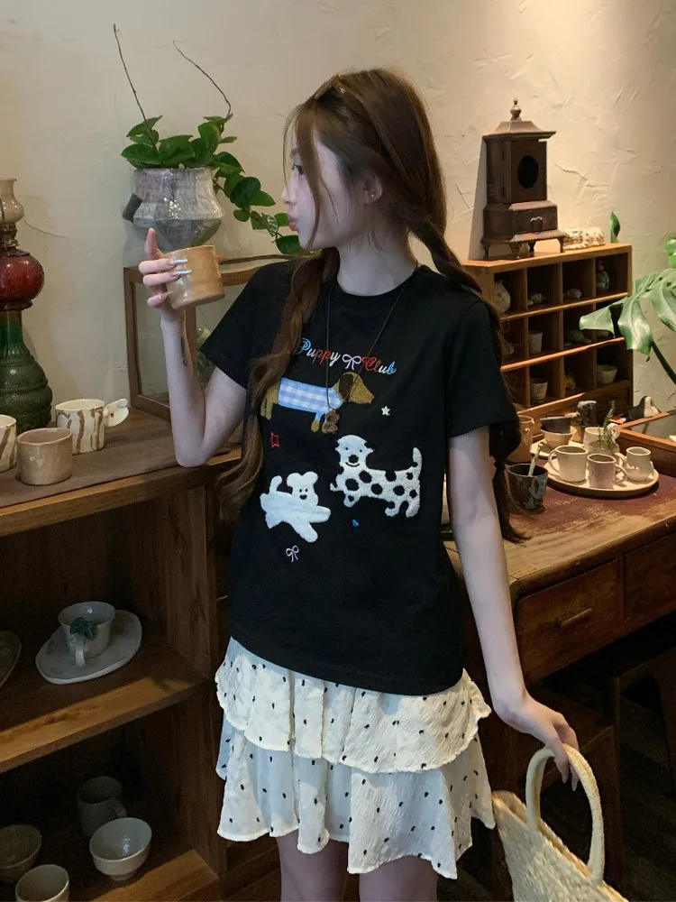 

plus Size Casual Summer New Vintage Hong Kong Style Short Sleeve Dog Print Top Polka Dot Cake Skirt Two Piece Set High Waist