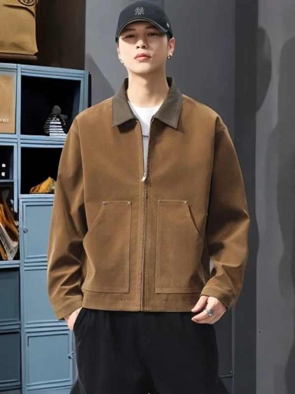 

Retro Korean Sle Jaet Autumn New Loose Casual Contrast Color Splicing Collar Workwear Faux Suede Fabric Men's Coat