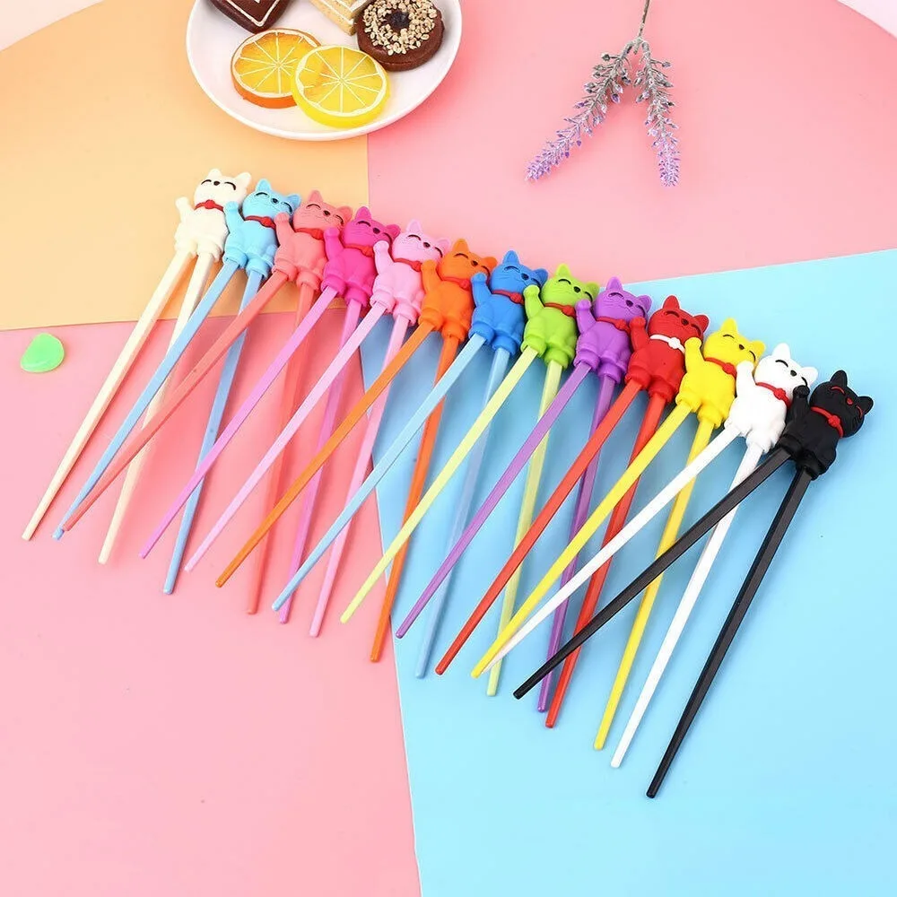 Palillos de entrenamiento de Material de melamina, palillos de práctica Bicolor de 18cm, estilo lindo, estatuilla de dibujos animados de gato lindo, 1 par