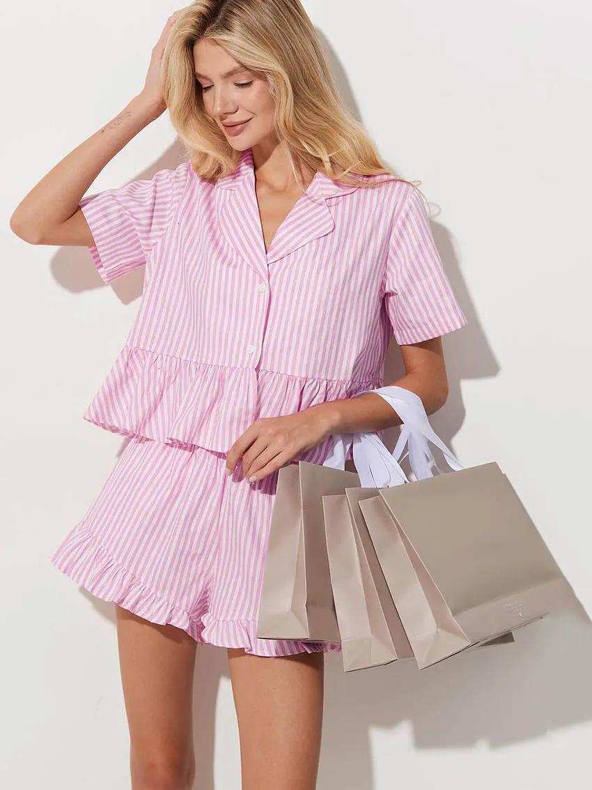 Marthaqiqi Loose Ladies Pajamas Set Sexy Turn-Down Collar Sleepwear Short Sleeve Nightgowns Shorts Female Nightwear 2 Piece Suit