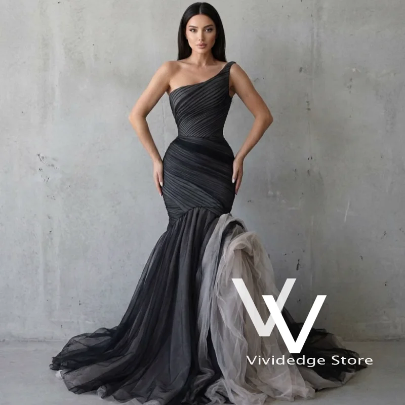 Customized Black One Shoulder Sleeveless Celebrity Evening Dresses Pleated Fishtail Pleated Trailing Designer Prom Dress